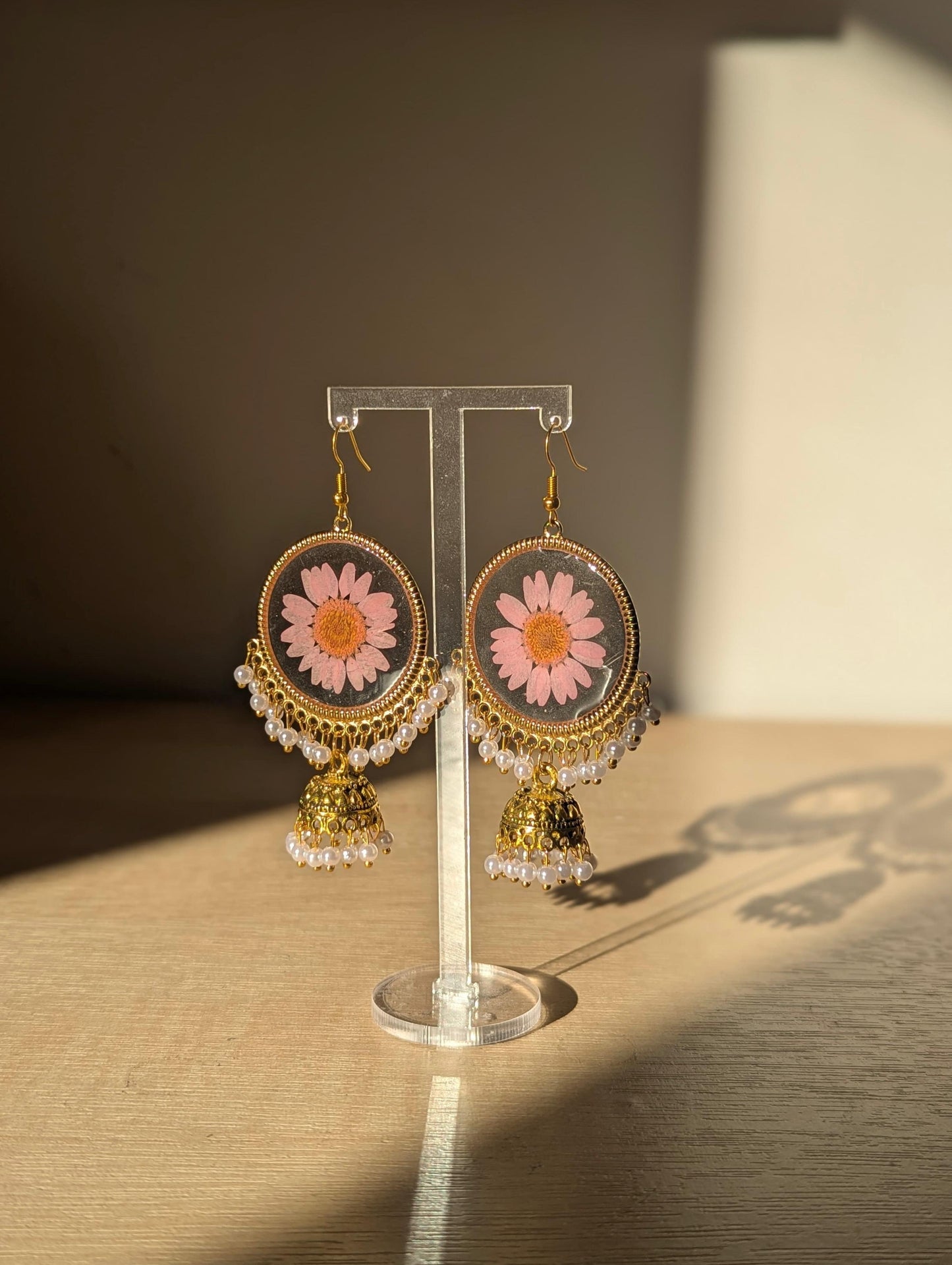 Pink Daisy Resin Jhumka Earrings