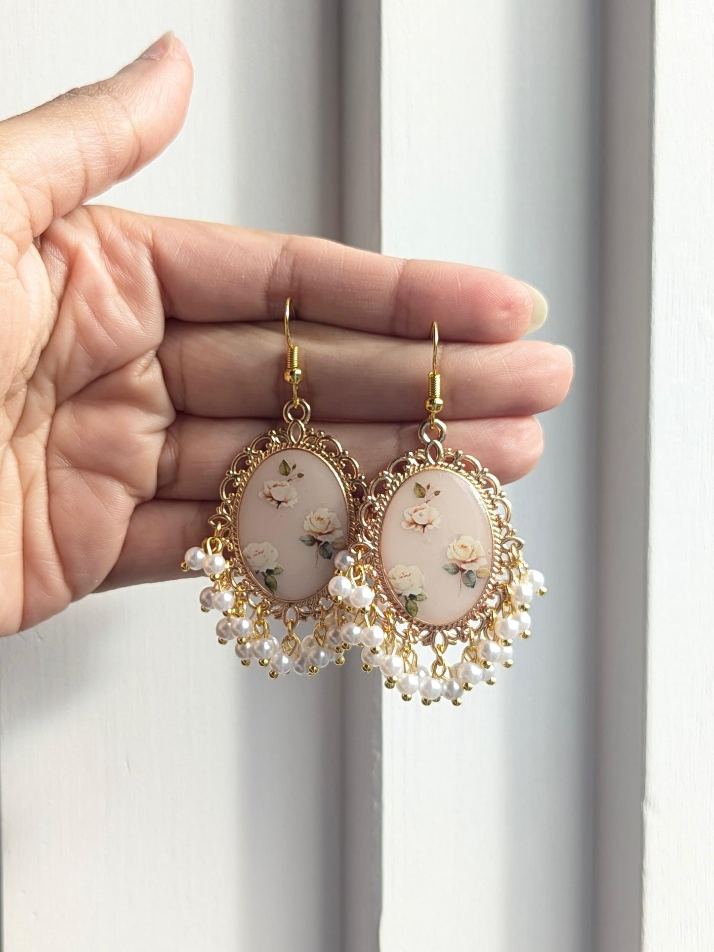 White Pearl Beige Floral Earrings