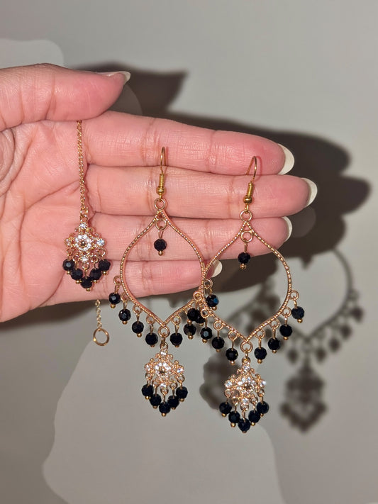 Black Dainty Drop Tikka Earrings Set