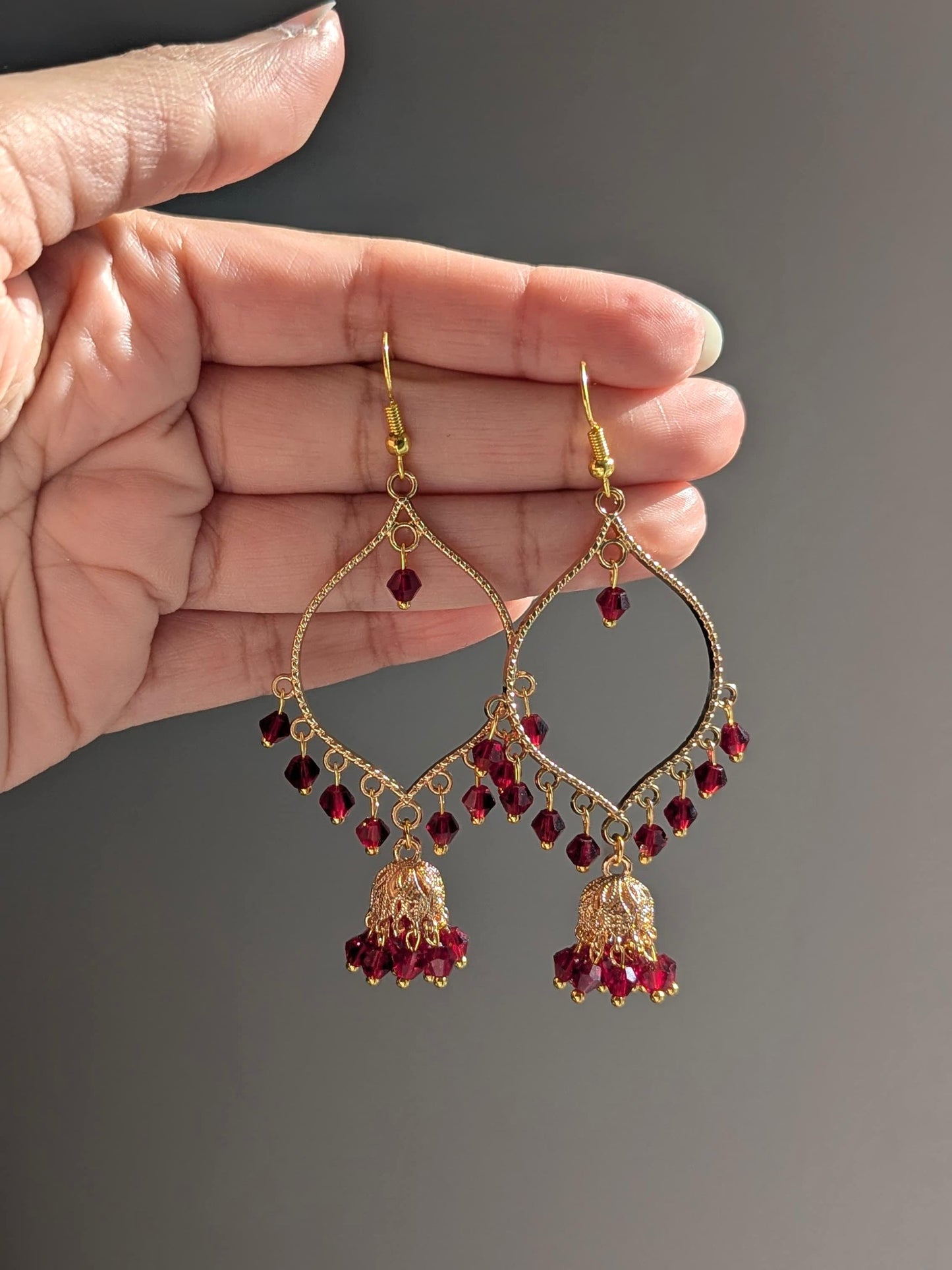 Maroon Jhumki Drop Earrings in Gold