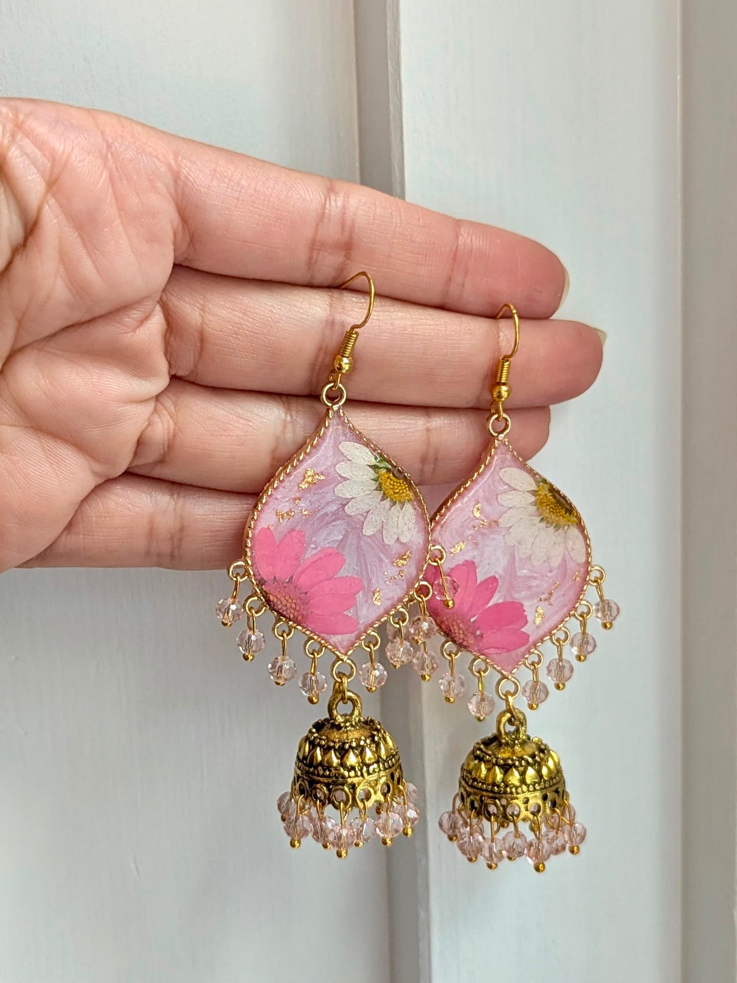 Shimmery Pink and White Floral Jhumkay