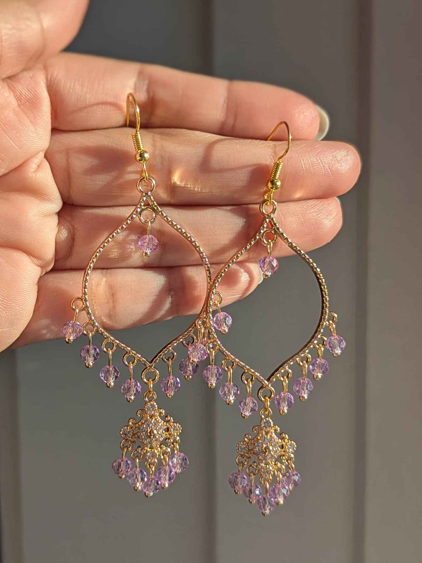 Purple Dainty Drop Earrings in Gold