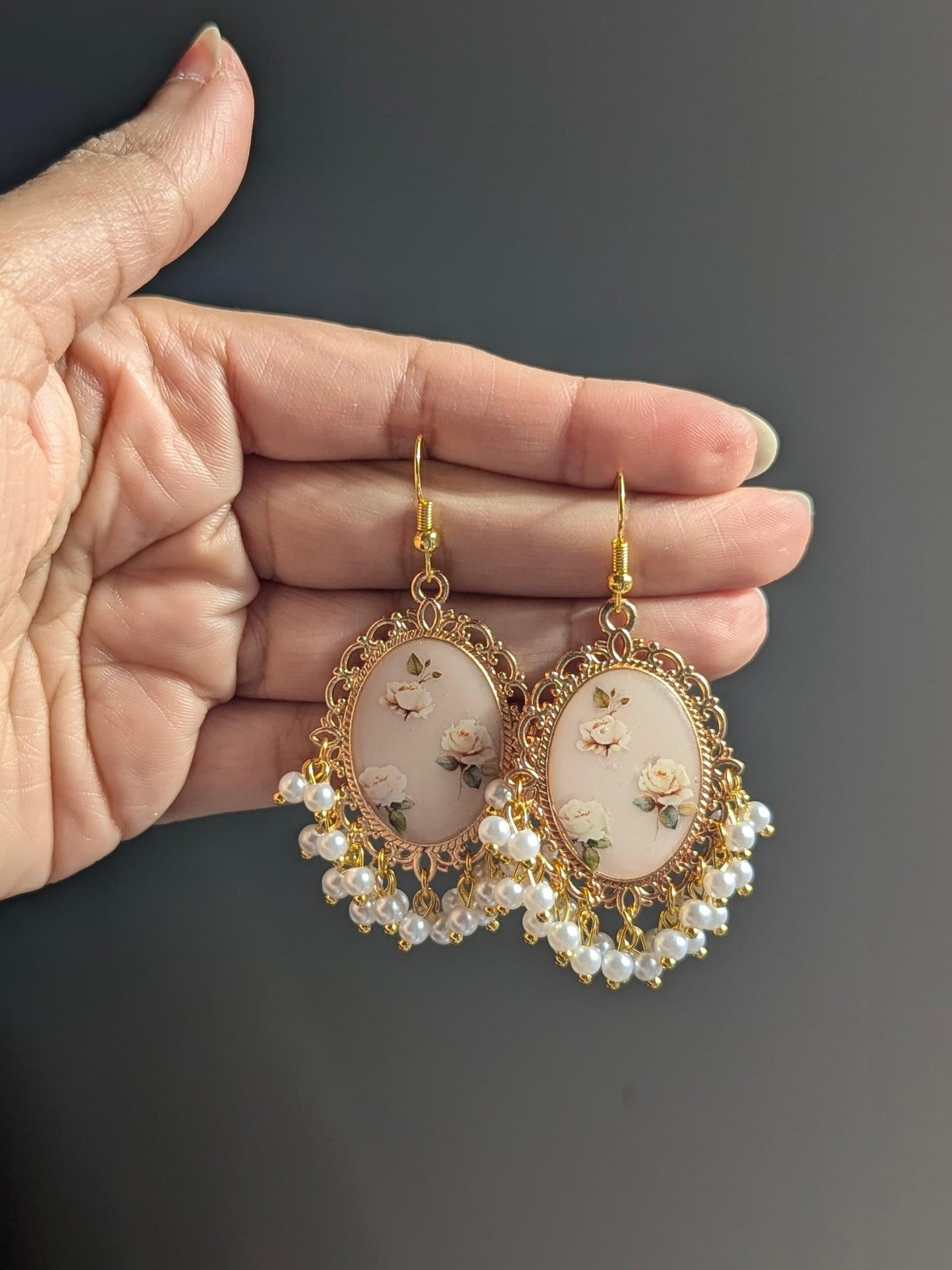 White Pearl Beige Floral Earrings