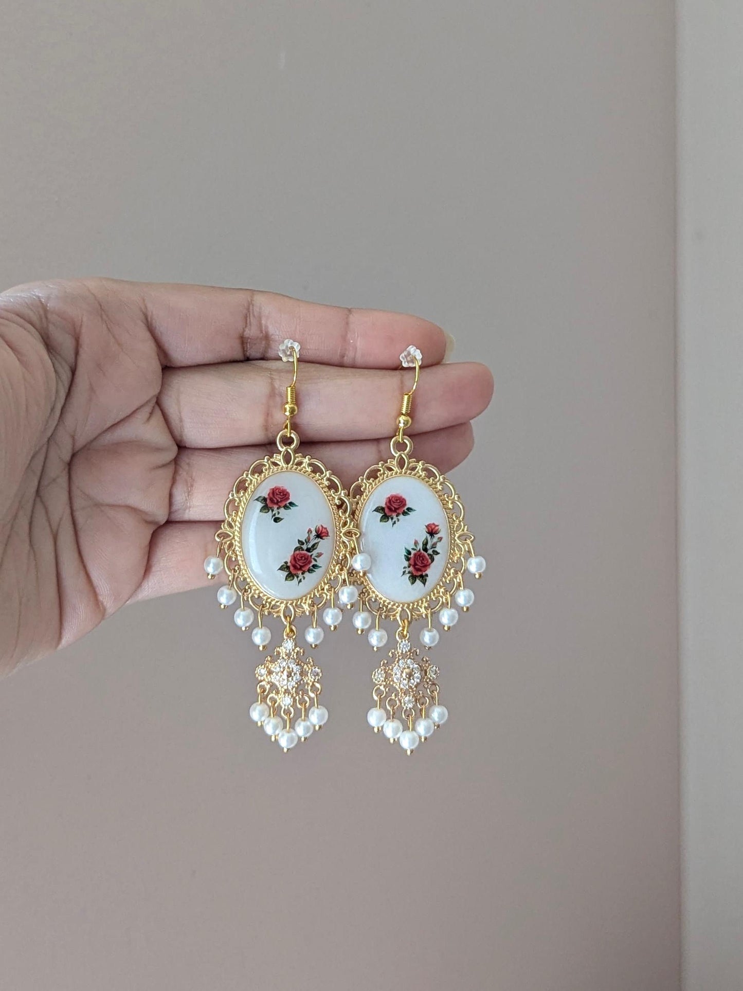Red roses white dainty drop earrings
