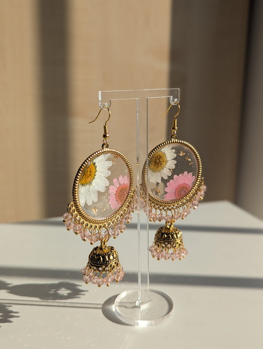 Pink and White Daisy Jhumka Earrings with Gold Flakes