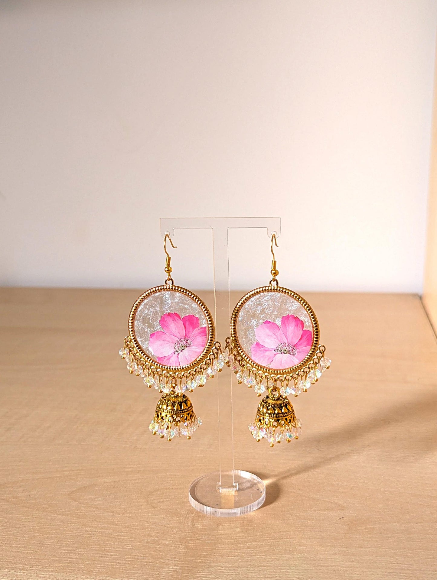 Pink Floral White Crystal Jhumka Earrings