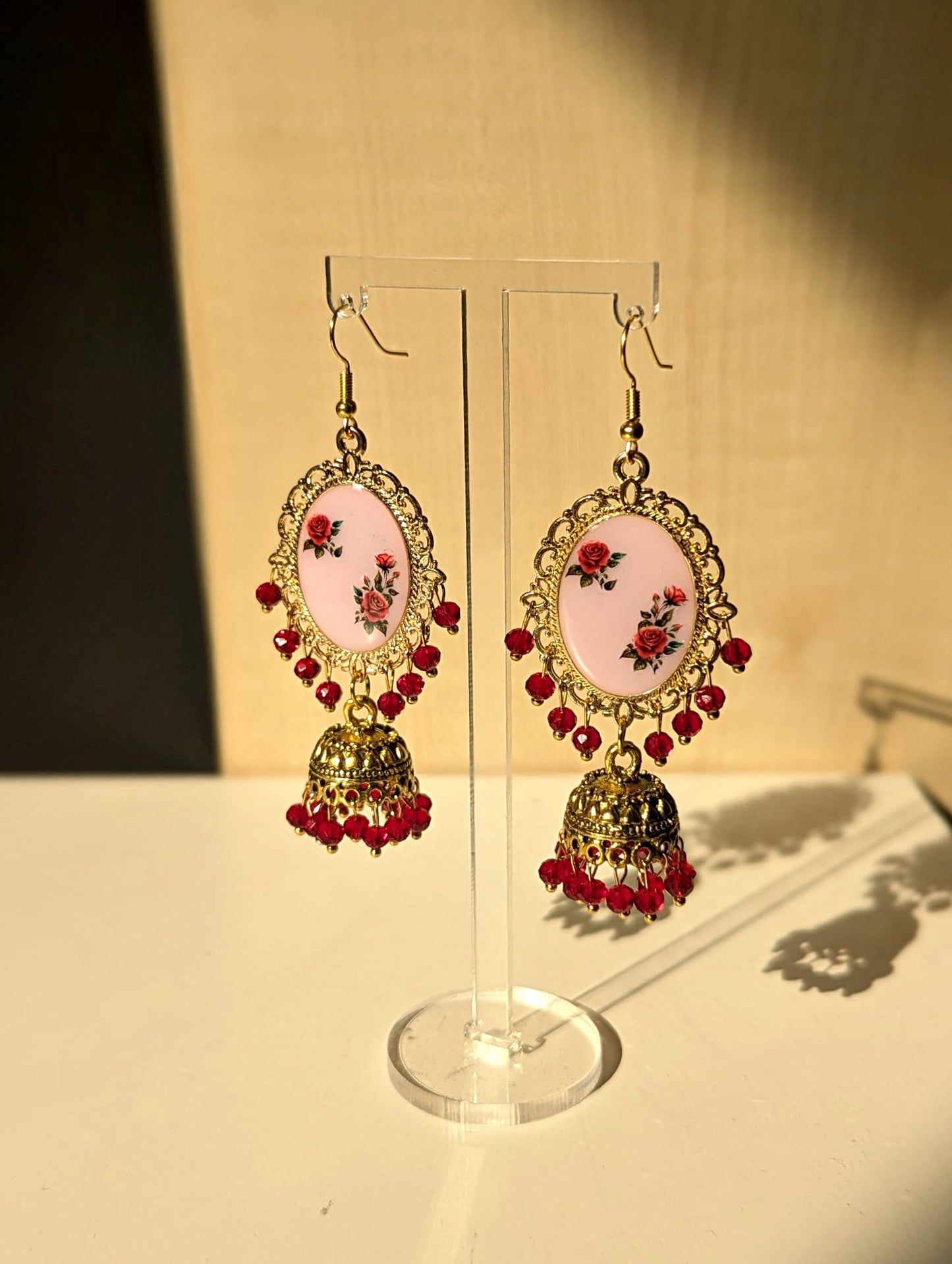 Pink and Red Roses Jhumka Earrings
