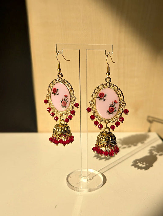 Pink and Red Roses Jhumka Earrings
