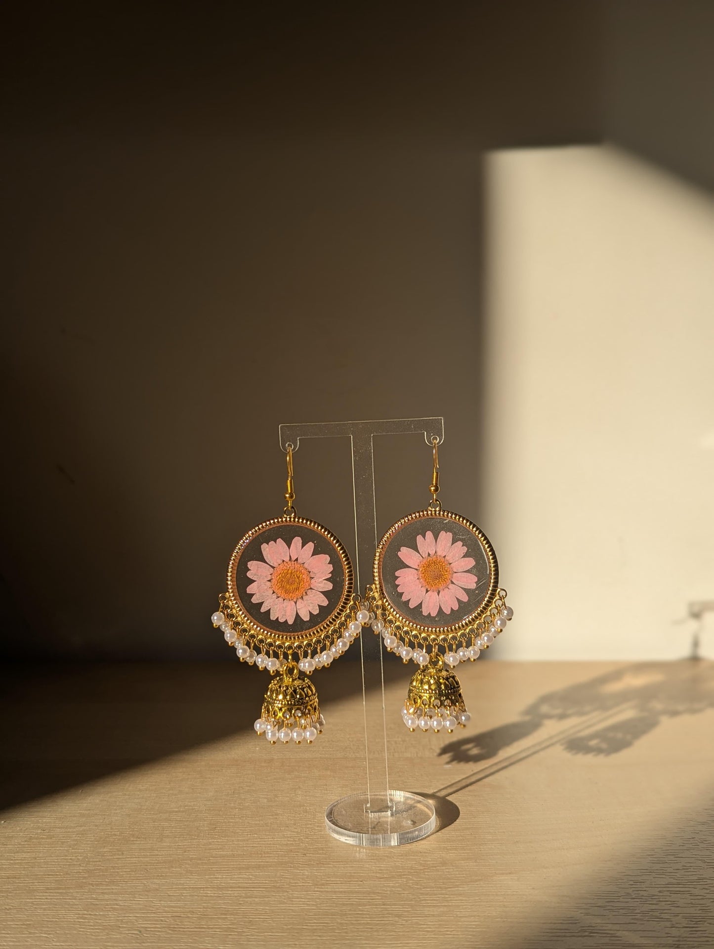 Pink Daisy Resin Jhumka Earrings