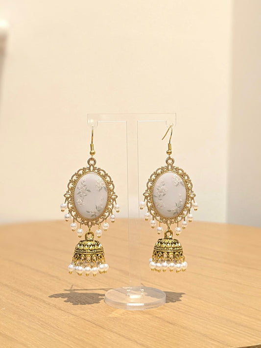 White Floral Jhumkay in Gold