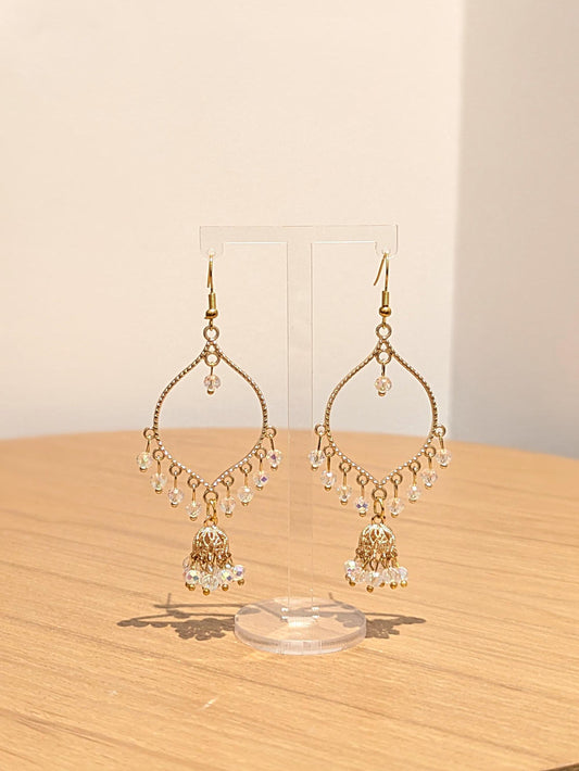 Jhumka drop earrings in gold and crystal
