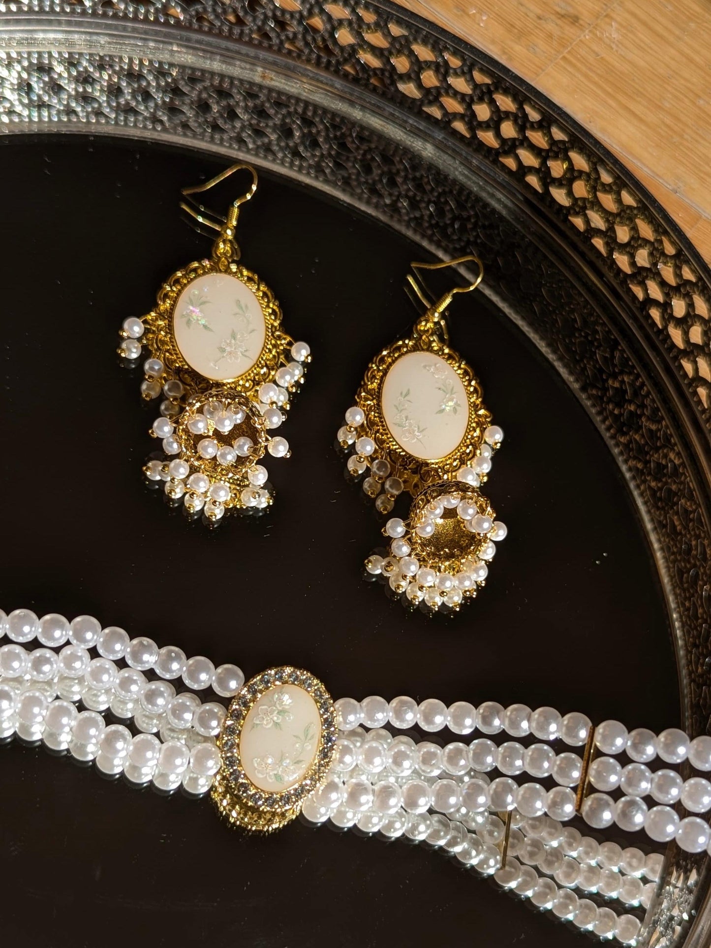 White Floral Jhumka and Choker Set