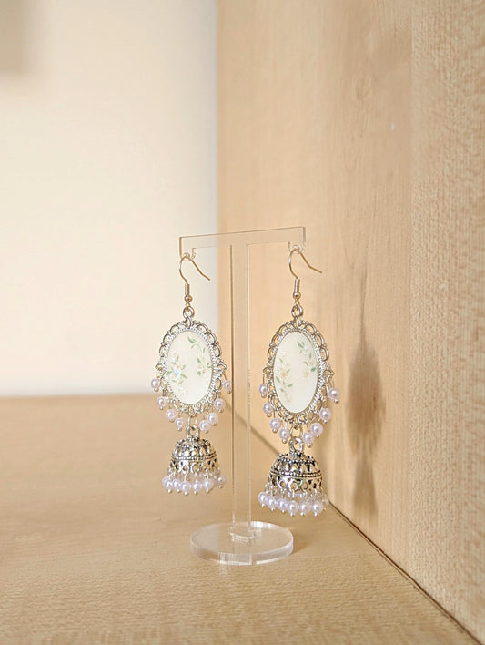 White Floral Jhumka Earrings