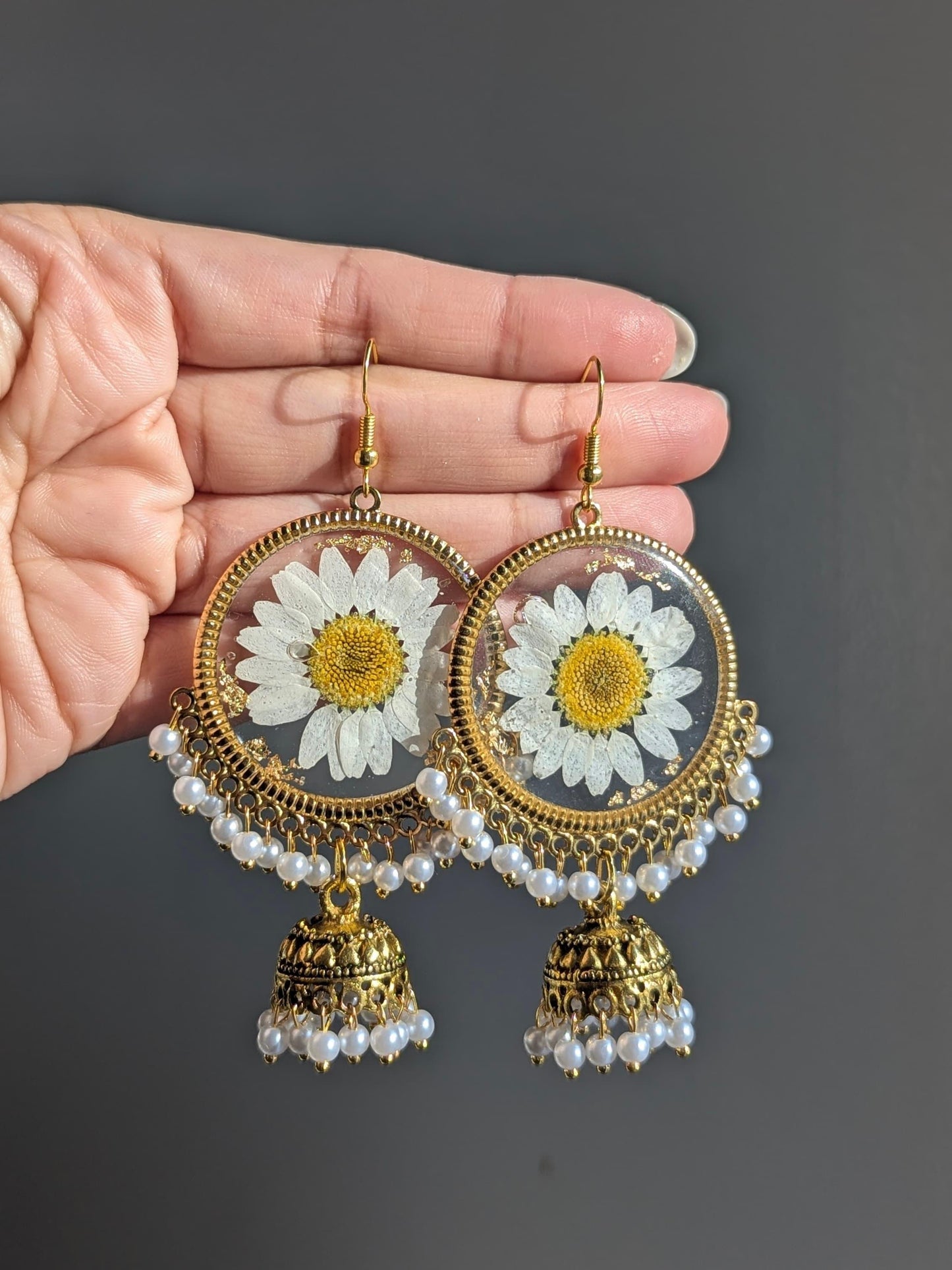 All White Flower Preserved Gold Jhumkas