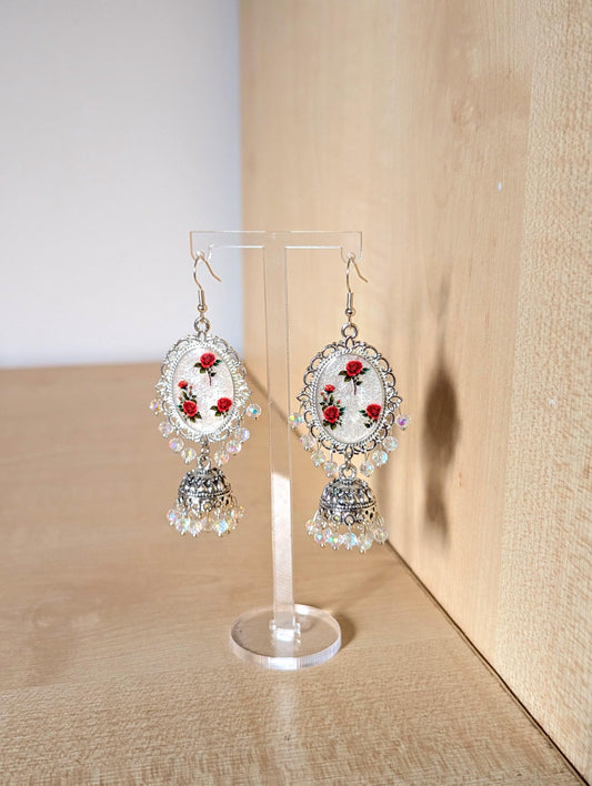 Red Roses on White Jhumka Earrings