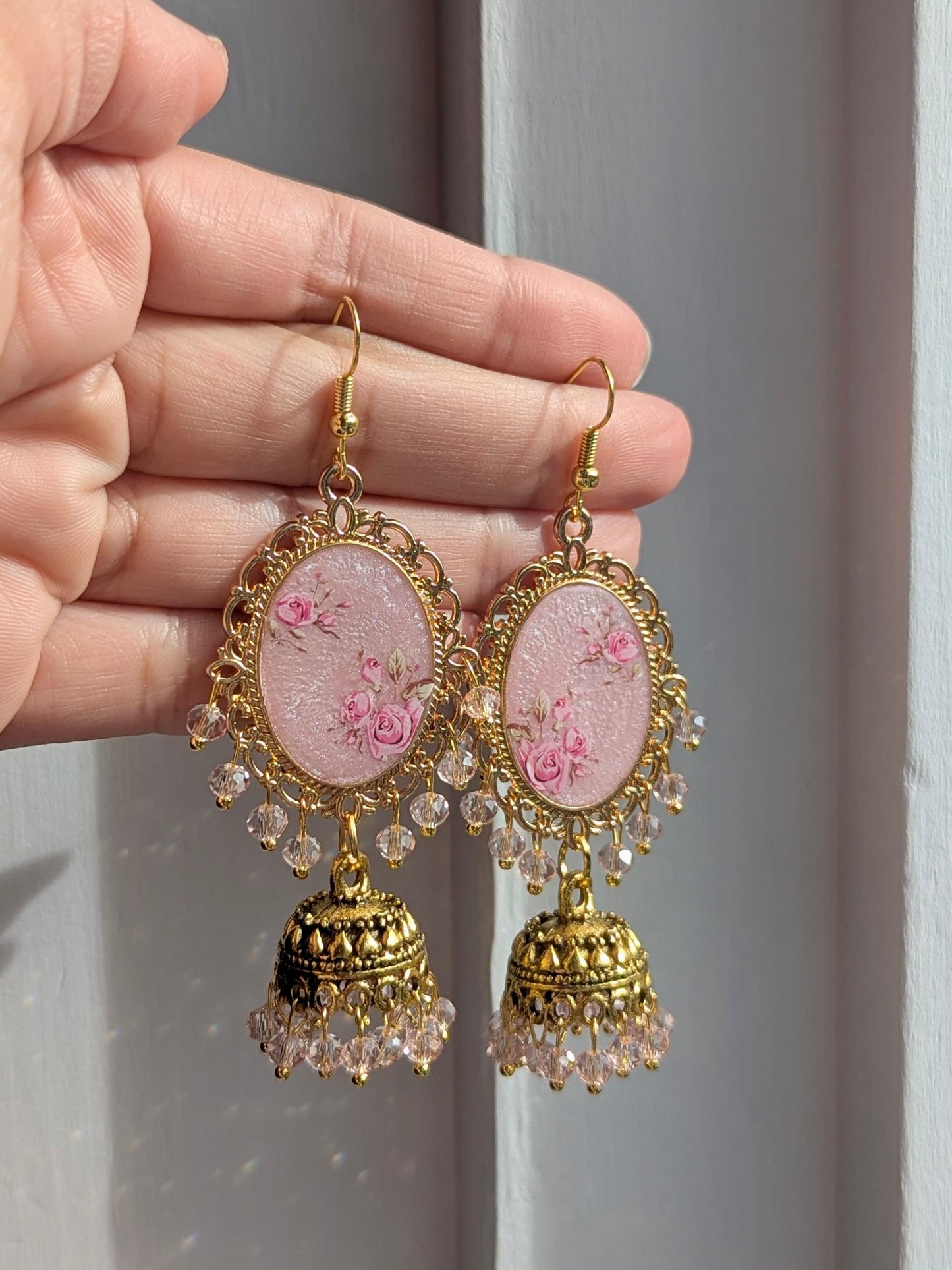 Shimmery Pink Jhumkay in Gold