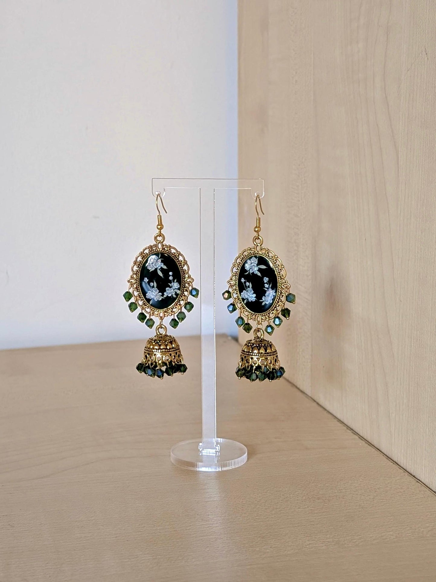 Green floral resin jhumka earrings