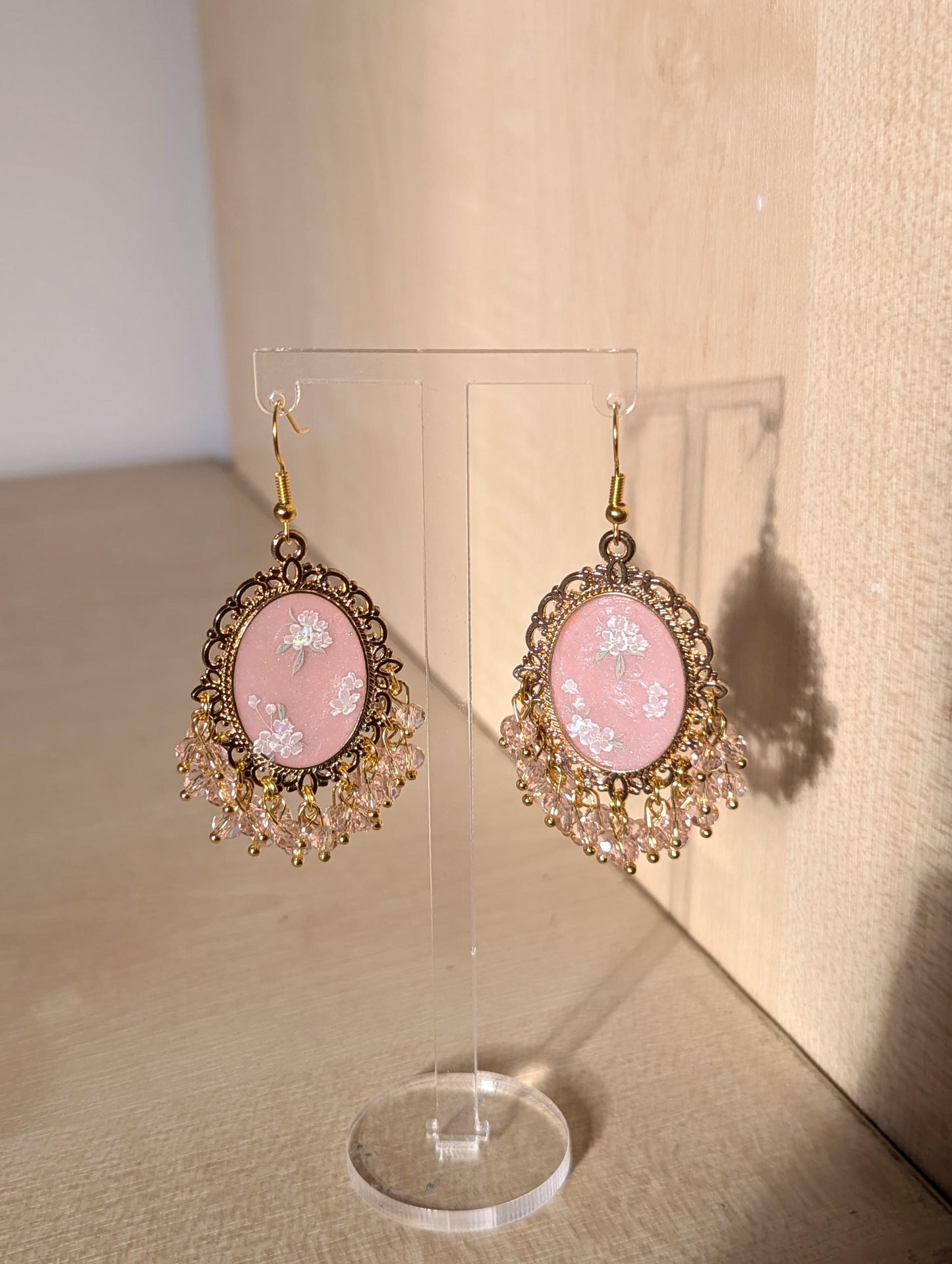 Peach Pink floral resin earrings in gold