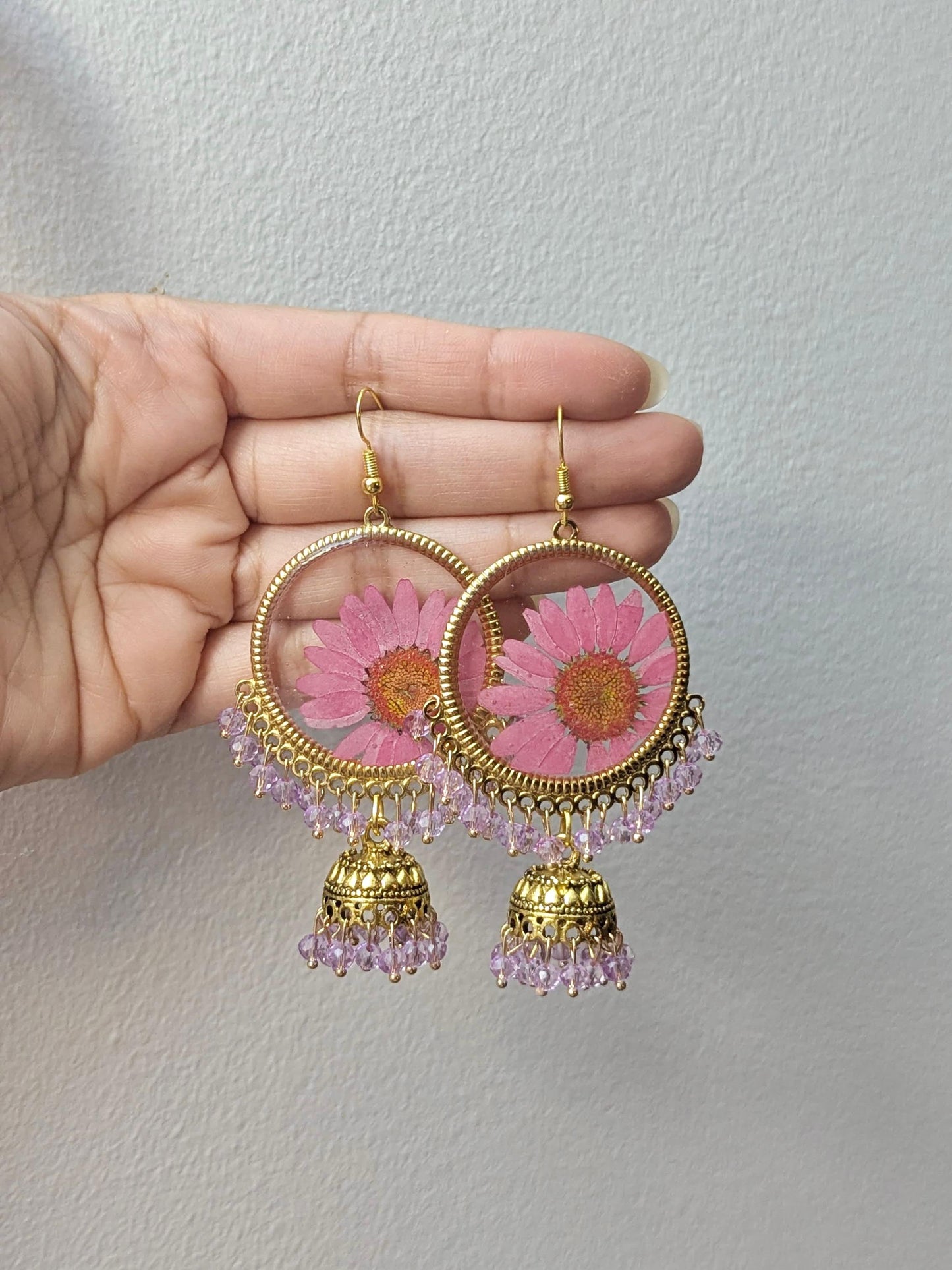 Pink and Purple Real Flowers Jhumkay in Gold